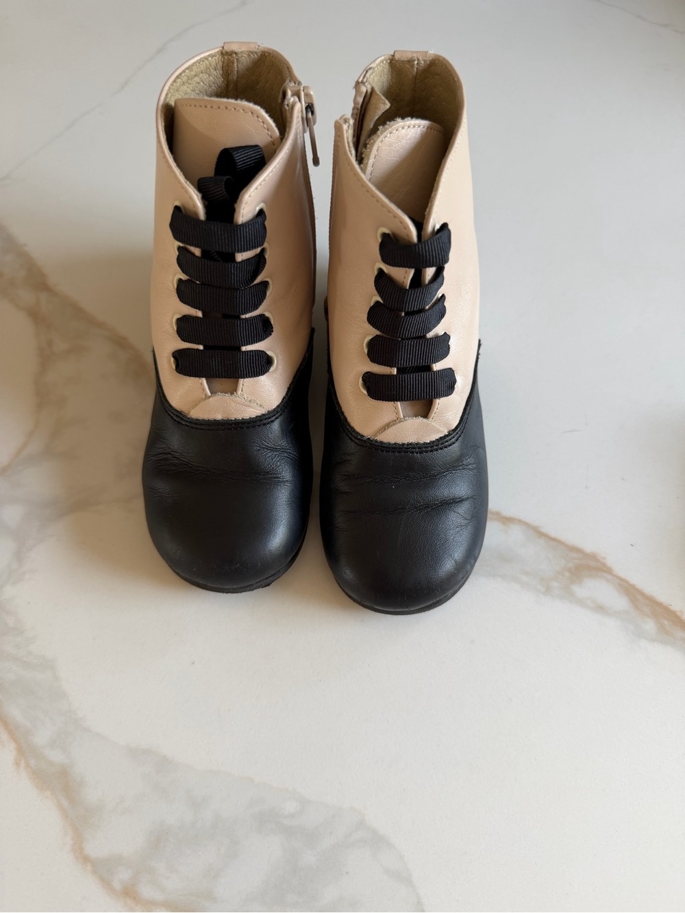 Girls leather Two-Tone Black and Cream Dress Ankle Boots with Side Zip